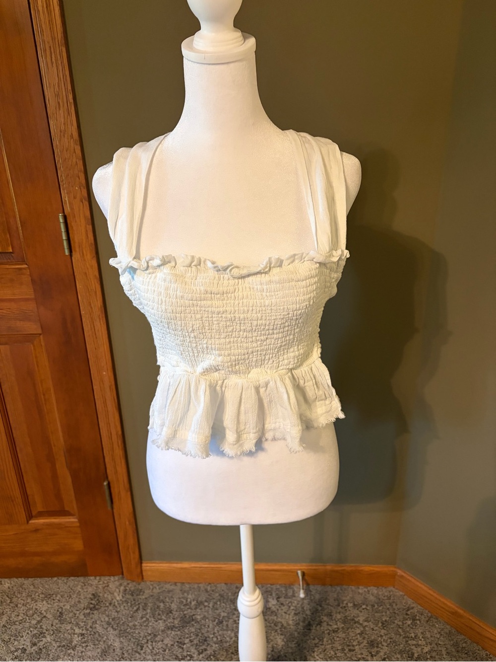 Free People Ivory Smocked Ruffle Peplum Crop Top with Criss Cross Back and Tie